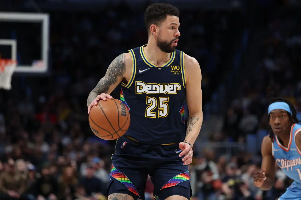DENVER, CO - MARCH 22: Austin Rivers #25 of the Denver Nuggets dribbles against the LA Clippers at Ball Arena on March 22, 2022 in Denver, Colorado