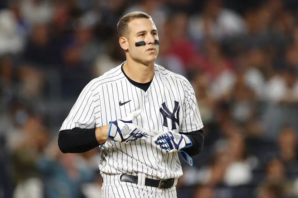 NEW YORK, NEW YORK - AUGUST 15: Anthony Rizzo #48 of the New York Yankees reacts after striking out during the eighth inning against the Tampa Bay Rays at Yankee Stadium on August 15, 2022 in the Bronx borough of New York City. The Rays won 4-0