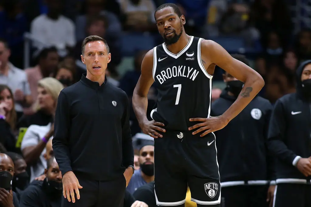 NEW ORLEANS, LOUISIANA - NOVEMBER 12: Kevin Durant #7 of the Brooklyn Nets and head coach Steve Nash talk during a game against the New Orleans Pelicans at the Smoothie King Center on November 12, 2021 in New Orleans, Louisiana.