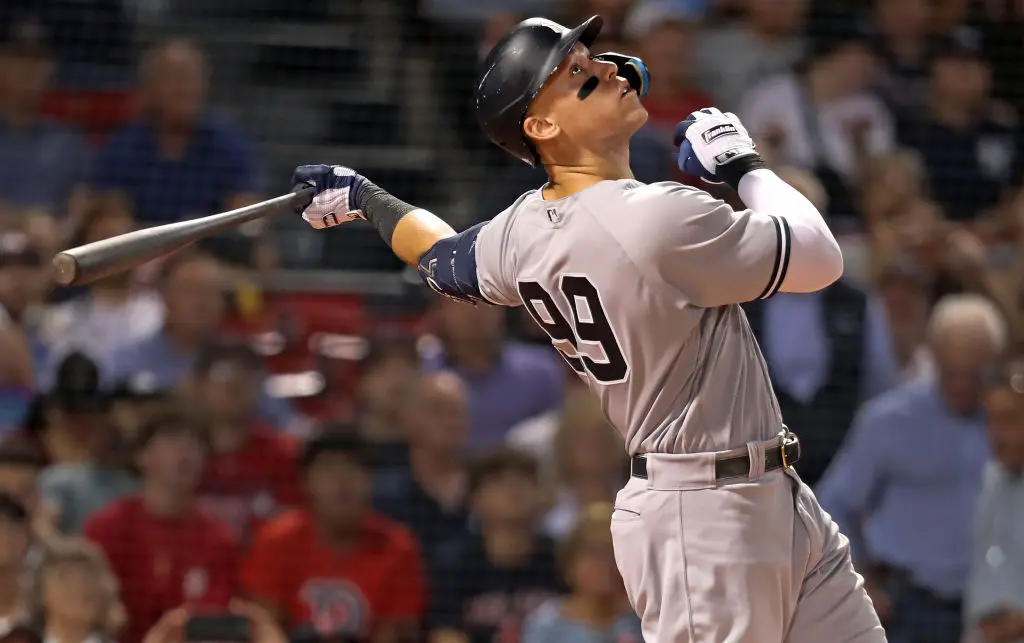 Boston, MA - September 13: New York Yankee Aaron Judge is pictured swinging during his top of the first inning at-bat. The Yankees beat the Boston Red Sox, 7-6