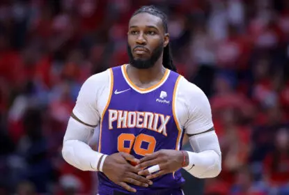 NEW ORLEANS, LOUISIANA - APRIL 24: Jae Crowder #99 of the Phoenix Suns reacts against the New Orleans Pelicans during Game Four of the Western Conference First Round NBA Playoffs at the Smoothie King Center on April 24, 2022 in New Orleans, Louisiana.