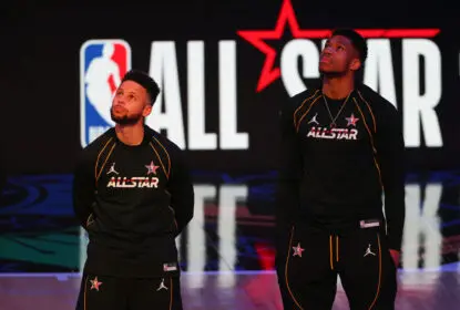 ATLANTA, GEORGIA - MARCH 07: Stephen Curry #30 and Giannis Antetokounmpo #34 of Team LeBron look on prior to the 70th NBA All-Star Game at State Farm Arena on March 07, 2021 in Atlanta, Georgia.