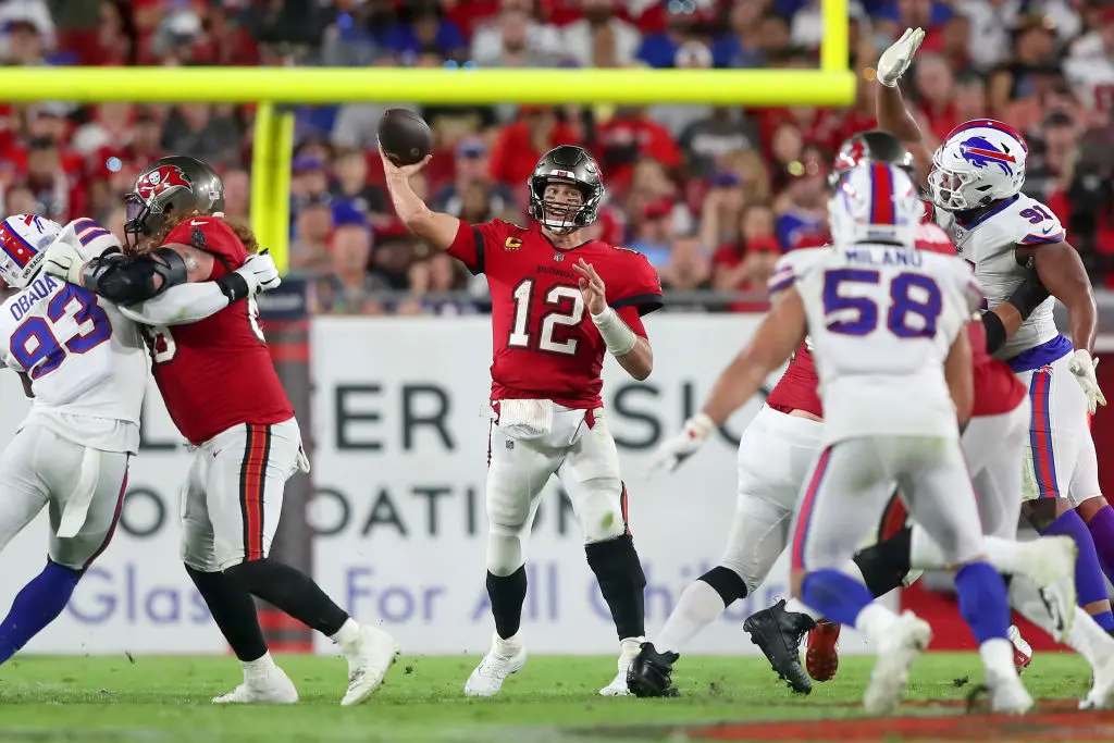TAMPA, FL - DECEMBER 12: Tampa Bay Buccaneers Quarterback Tom Brady (12) throws a pass during the regular season game between the Buffalo Bills and the Tampa Bay Buccaneers on December 12, 2021 at Raymond James Stadium in Tampa, Florida