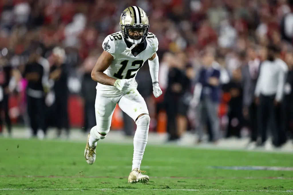 GLENDALE, ARIZONA - OCTOBER 20: Chris Olave #12 of the New Orleans Saints runs a route during an NFL football game between the Arizona Cardinals and the New Orleans Saints at State Farm Stadium on October 20, 2022 in Glendale, Arizona