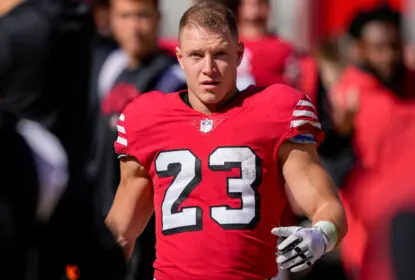 SANTA CLARA, CALIFORNIA - OCTOBER 23: Christian McCaffrey #23 of the San Francisco 49ers stands on the sidelines against the Kansas City Chiefs during the first quarter at Levi's Stadium on October 23, 2022 in Santa Clara, California.