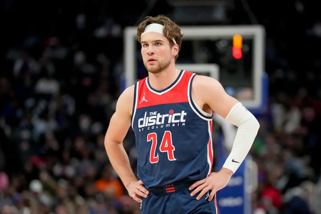 DETROIT, MICHIGAN - MARCH 25: Corey Kispert #24 of the Washington Wizards looks on against the Detroit Pistons during the third quarter at Little Caesars Arena on March 25, 2022 in Detroit, Michigan.
