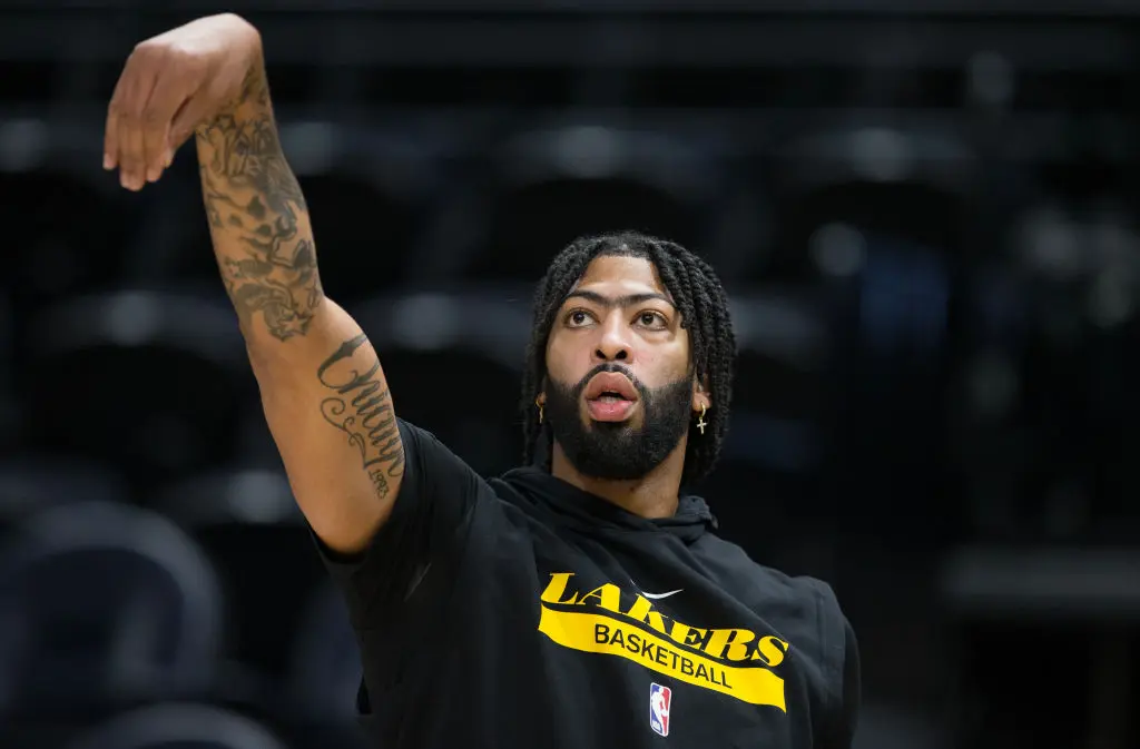 SALT LAKE CITY UT- NOVEMBER 7: Anthony Davis #3 of the Los Angeles Lakers watches a shot drop during warmups before their game against the Utah Jazz at the Vivint Arena November 7, 2022 in Salt Lake City Utah.