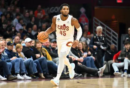 CLEVELAND, OHIO - NOVEMBER 23: Donovan Mitchell #45 of the Cleveland Cavaliers brings the ball up court during the third quarter against the Portland Trail Blazers at Rocket Mortgage Fieldhouse on November 23, 2022 in Cleveland, Ohio. The Cavaliers defeated the Trail Blazers 114-96