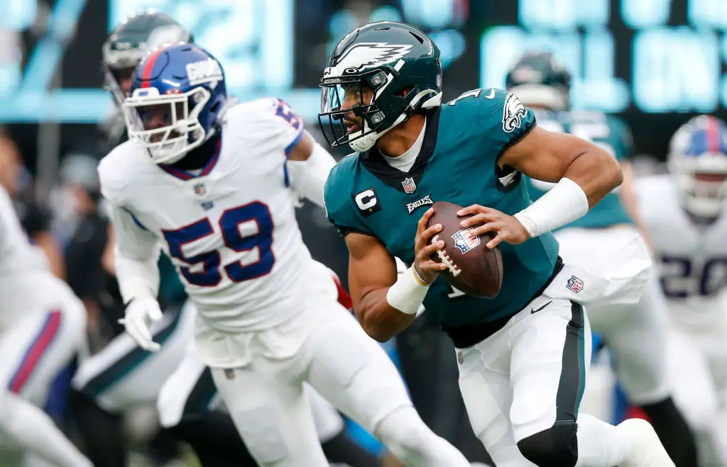 EAST RUTHERFORD, NEW JERSEY - NOVEMBER 28: (NEW YORK DAILIES OUT) Jalen Hurts #1 of the Philadelphia Eagles in action against the New York Giants at MetLife Stadium on November 28, 2021 in East Rutherford, New Jersey. The Giants defeated the eagles 13-7