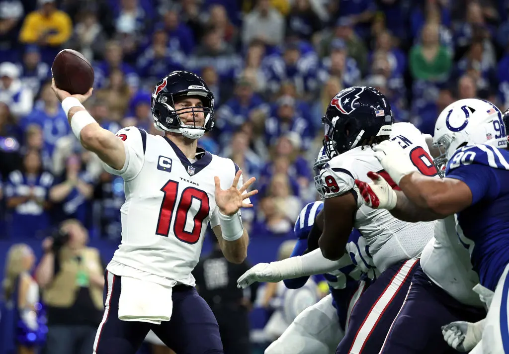 INDIANAPOLIS, INDIANA - JANUARY 08: Quarterback Davis Mills #10 of the Houston Texans passes during the game against the Indianapolis Colts at Lucas Oil Stadium on January 08, 2023 in Indianapolis, Indiana.