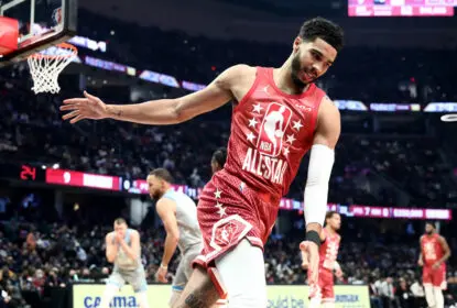 CLEVELAND, OHIO - FEBRUARY 20: Jayson Tatum #0 of Team Durant reacts after scoring in the second half during the 2022 NBA All-Star Game at Rocket Mortgage Fieldhouse on February 20, 2022 in Cleveland, Ohio. NOTE TO USER: User expressly acknowledges and agrees that, by downloading and or using this photograph, User is consenting to the terms and conditions of the Getty Images License Agreement.