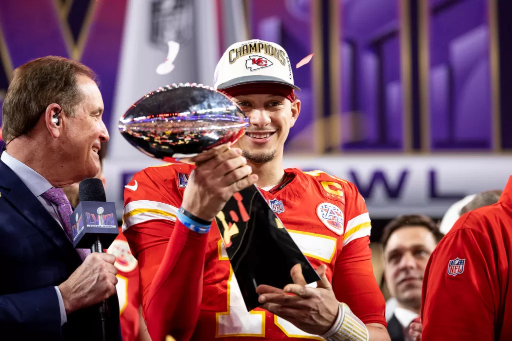 LAS VEGAS, NEVADA - FEBRUARY 11: Patrick Mahomes #15 of the Kansas City Chiefs celebrates with the Vince Lombardi Trophy following the NFL Super Bowl 58 football game between the San Francisco 49ers and the Kansas City Chiefs at Allegiant Stadium on February 11, 2024 in Las Vegas, Nevada