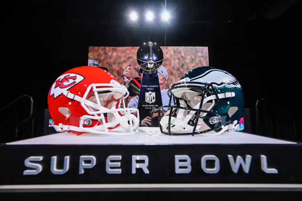 The Vince Lombardi trophy and helmets for the Chiefs and Eagles sit on a display ahead of Commissioner Roger Goodells Super Bowl LVII press conference at the Phoenix Convention Center. Picture date: Wednesday February 8, 2023. Super Bowl LVII will take place Sunday Feb. 12, 2023 between the Kansas City Chiefs and the Philadelphia Eagles.
