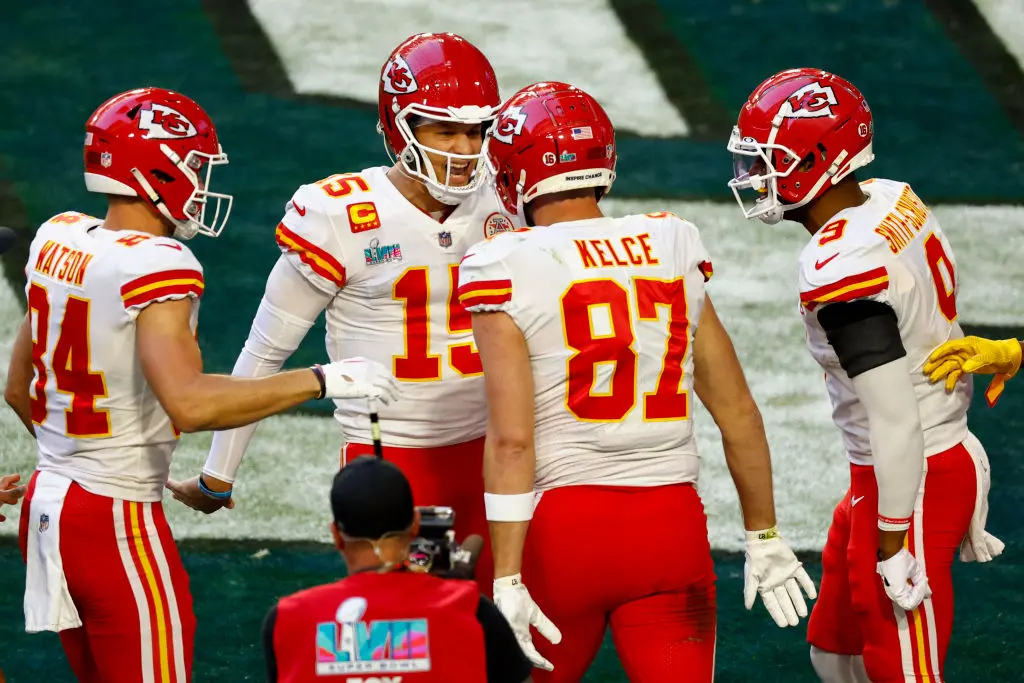 GLENDALE, AZ - FEBRUARY 12: Patrick Mahomes #15 of the Kansas City Chiefs celebrates with Travis Kelce #87 after the touchdown against the Philadelphia Eagles during the first quarter in Super Bowl LVII at State Farm Stadium on February 12, 2023 in Glendale, Arizona.