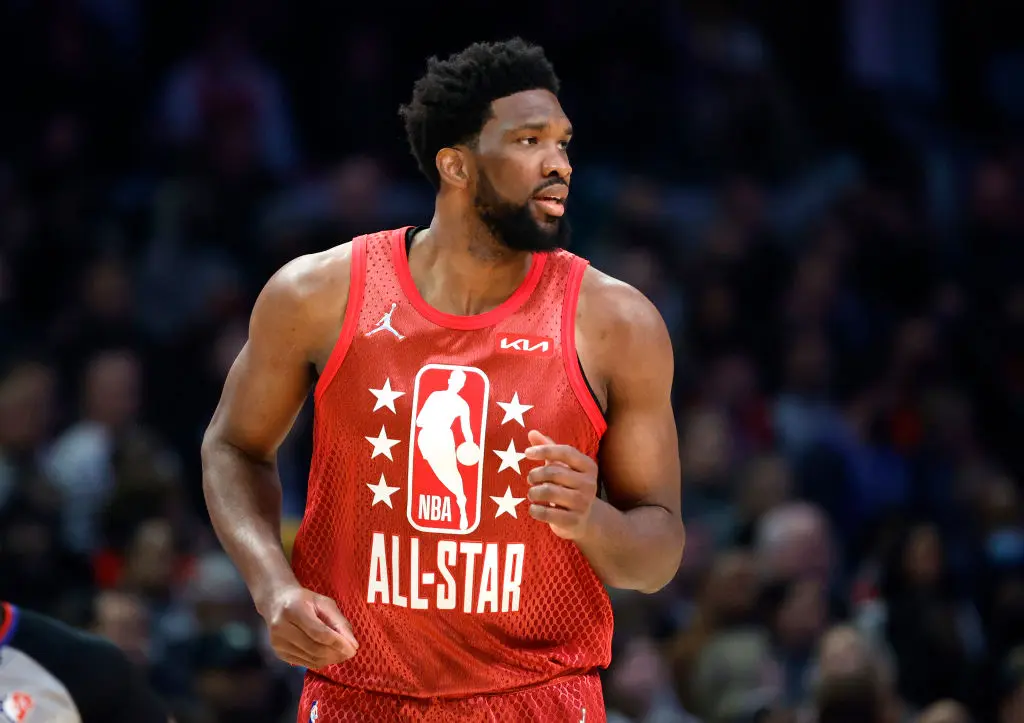 CLEVELAND, OHIO - FEBRUARY 20: Joel Embiid #21 of Team Durant looks on in the first half during the 2022 NBA All-Star Game at Rocket Mortgage Fieldhouse on February 20, 2022 in Cleveland, Ohio.