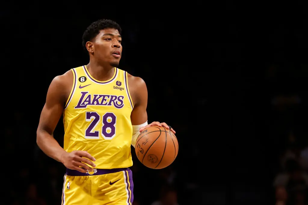 NEW YORK, NEW YORK - JANUARY 30: Rui Hachimura #28 of the Los Angeles Lakers dribbles during the first half against the Brooklyn Nets at Barclays Center on January 30, 2023 in the Brooklyn borough of New York City.