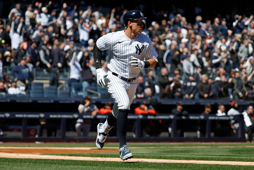 NEW YORK, NY - MARCH 30: Aaron Judge #99 of the New York Yankees hits a home run during the first inning against the San Francisco Giants on Opening Day at Yankee Stadium on March 30, 2023, in New York, New York
