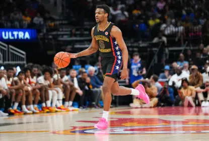 HOUSTON, TEXAS - MARCH 28: Bronny James #6 of the West team dribbles the ball during the 2023 McDonald's High School Boys All-American Game at Toyota Center on March 28, 2023 in Houston, Texas.