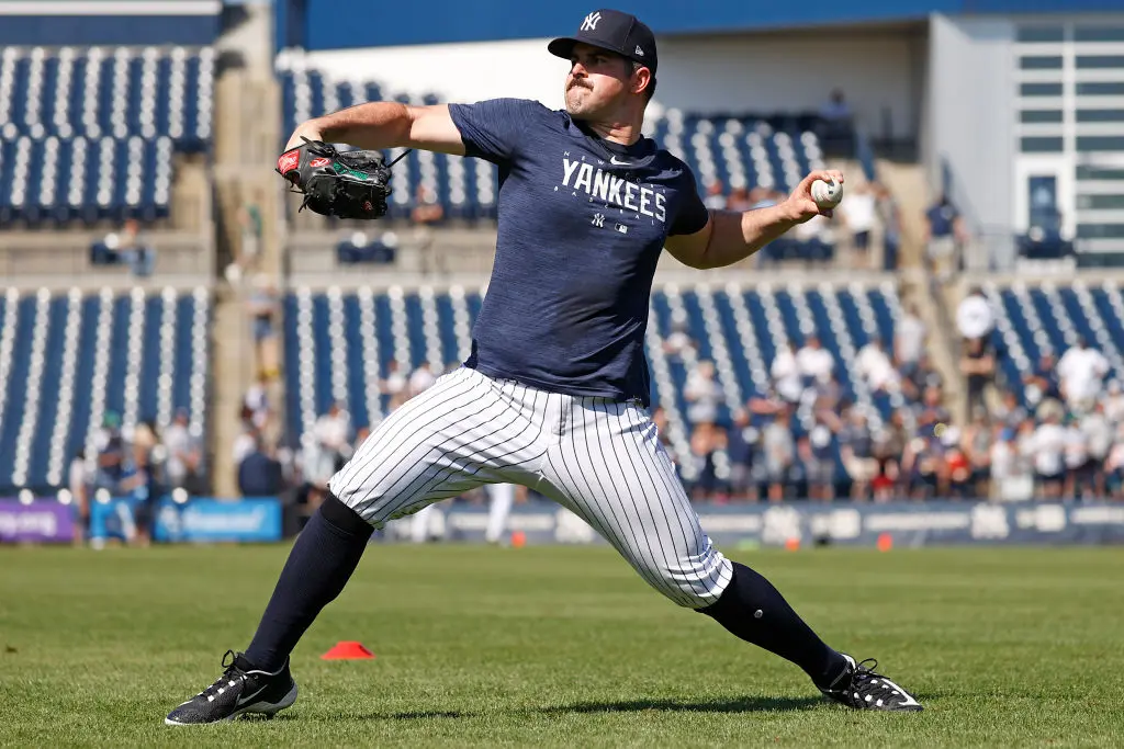 TAMPA, FL - FEBRUARY 20: Carlos Rodón #55 of the New York Yankees throws during Spring Training at George M. Steinbrenner Field on February 20, 2023 in Tampa, Florida