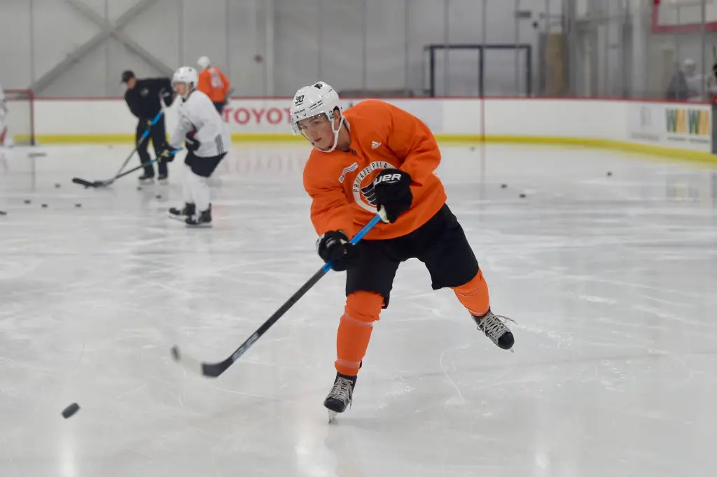VOORHEES, NJ - JUNE 26: Carson Briere (90) in action at the Flyers Development Camp on June 28, 2019 at the Virtua Center Flyers Skate Zone.