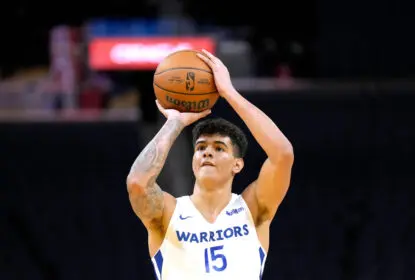 SAN FRANCISCO, CALIFORNIA - JULY 05: Gui Santos #15 of the Golden State Warrior shoots a foul shot against the Miami Heat in the second half during the California Classic at Chase Center on July 05, 2022 in San Francisco, California.