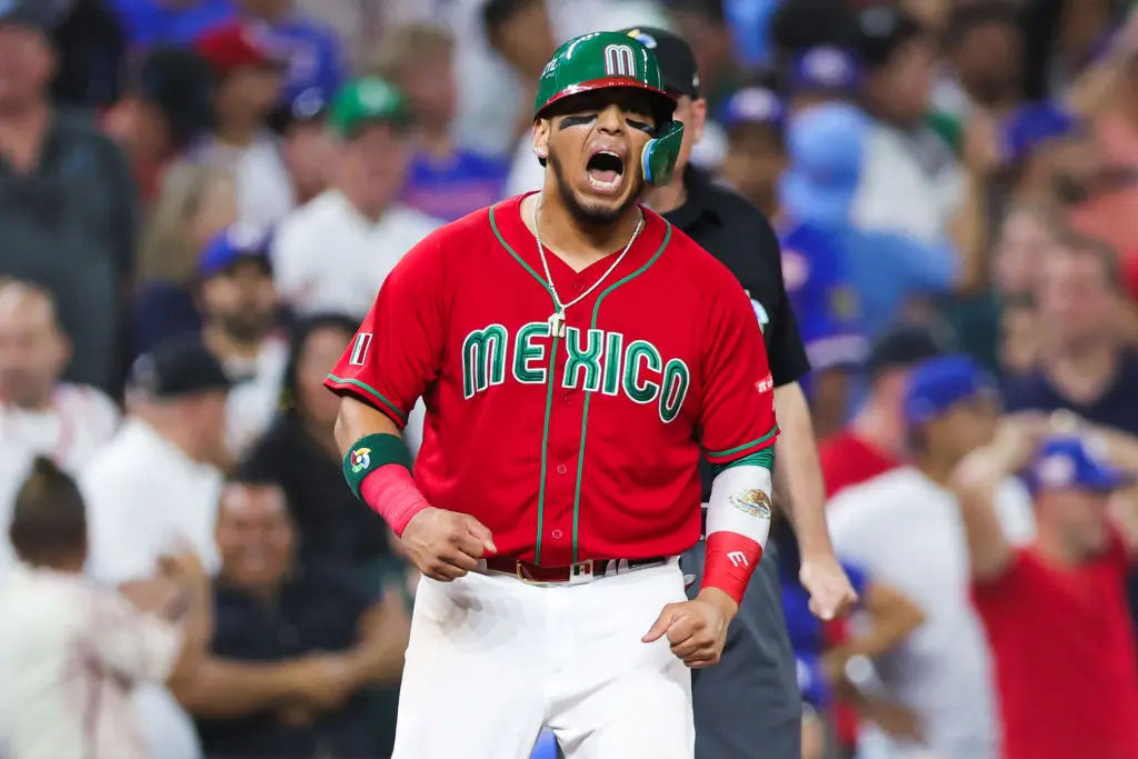 MIAMI, FLORIDA - MARCH 17: Issac Paredes #17 of Team Mexico reacts during the seventh inning against Team Puerto Rico in the World Baseball Classic Quarterfinals game at loanDepot park on March 17, 2023 in Miami, Florida