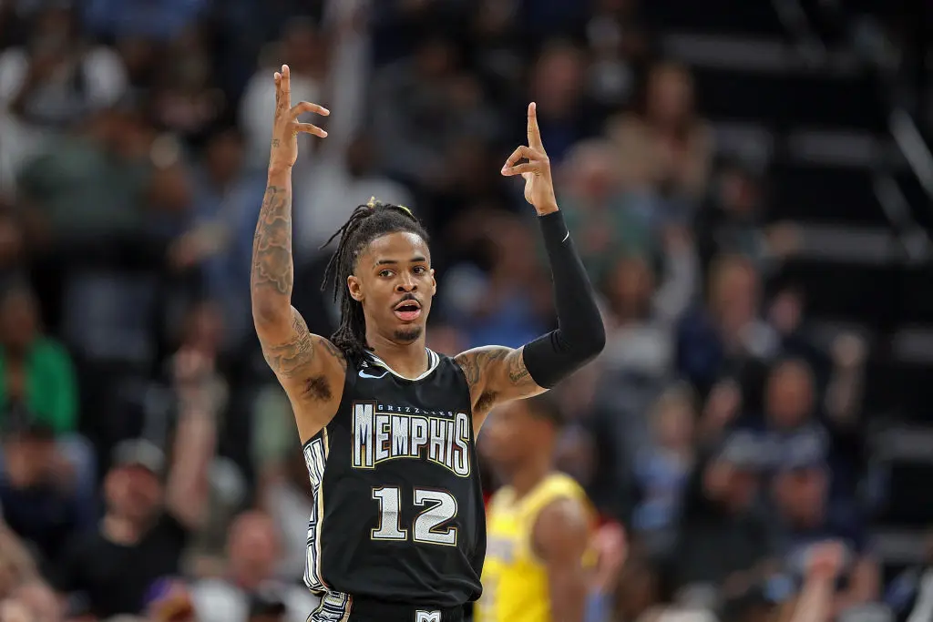 MEMPHIS, TENNESSEE - FEBRUARY 28: Ja Morant #12 of the Memphis Grizzlies reacts during the game against the Los Angeles Lakers at FedExForum on February 28, 2023 in Memphis, Tennessee.