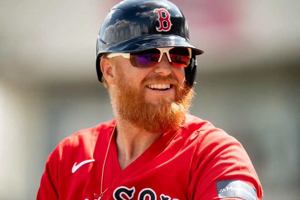 FORT MYERS, FL - MARCH 6: Justin Turner #2 of the Boston Red Sox reacts during the first inning of a Grapefruit League game against the Detroit Tigers on March 6, 2023 at JetBlue Park at Fenway South in Fort Myers, Florida