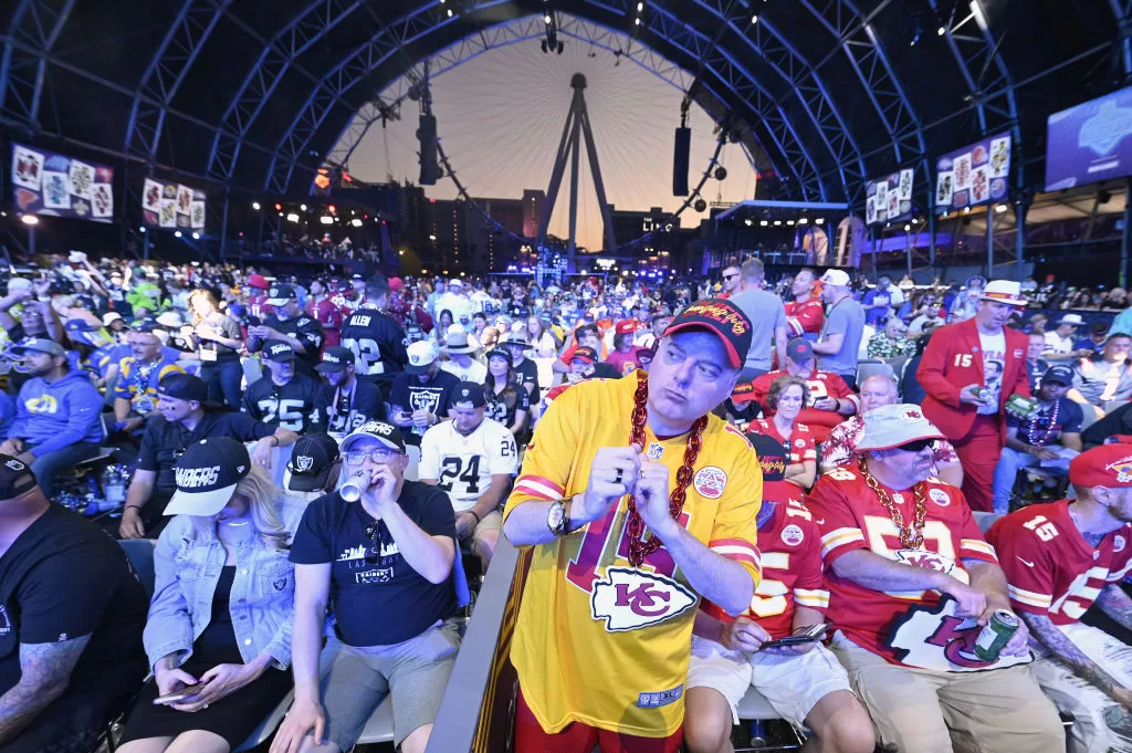 LAS VEGAS, NEVADA - APRIL 28: Kansas City Chiefs fans cheer during round one of the 2022 NFL Draft on April 28, 2022 in Las Vegas, Nevada.