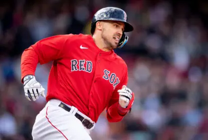 BOSTON, MA - APRIL 1: Adam Duvall #18 of the Boston Red Sox runs after hitting a triple during the second inning of a game against the Baltimore Orioles on April 1, 2023 at Fenway Park in Boston, Massachusetts.