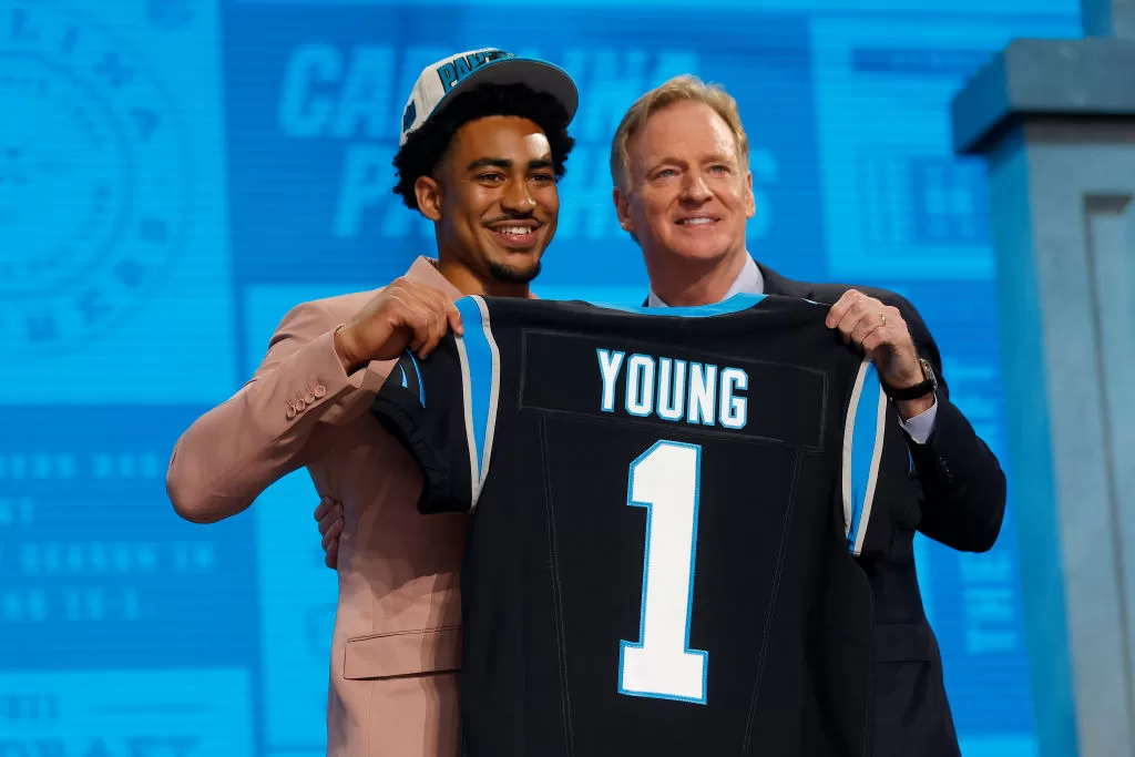 KANSAS CITY, MISSOURI - APRIL 27: (L-R) Bryce Young poses with NFL Commissioner Roger Goodell after being selected first overall by the Carolina Panthers during the first round of the 2023 NFL Draft at Union Station on April 27, 2023 in Kansas City, Missouri