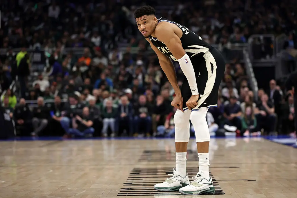 MILWAUKEE, WISCONSIN - APRIL 16: Giannis Antetokounmpo #34 of the Milwaukee Bucks waits for a free throw during Game One of the Eastern Conference First Round Playoffs against the Miami Heat at Fiserv Forum on April 16, 2023 in Milwaukee, Wisconsin. Miami defeated Milwaukee 130-117.