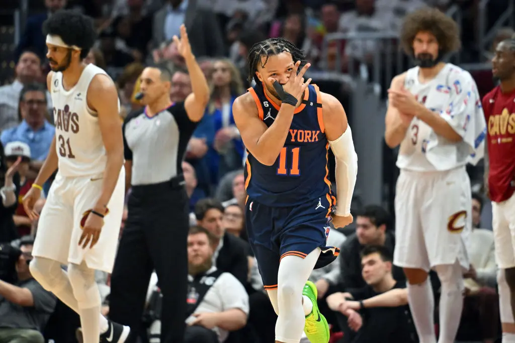 CLEVELAND, OHIO - APRIL 15: Jalen Brunson #11 of the New York Knicks celebrates after scoring during the fourth quarter of Game One of the Eastern Conference First Round Playoffs against the Cleveland Cavaliers at Rocket Mortgage Fieldhouse on April 15, 2023 in Cleveland, Ohio. The Knicks defeated the Cavaliers 101-97.