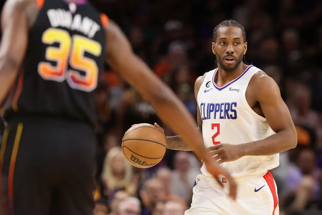 PHOENIX, ARIZONA - APRIL 16: Kawhi Leonard #2 of the LA Clippers handles the ball during the first half Game One of the Western Conference First Round Playoffs against the Phoenix Suns at Footprint Center on April 16, 2023 in Phoenix, Arizona.