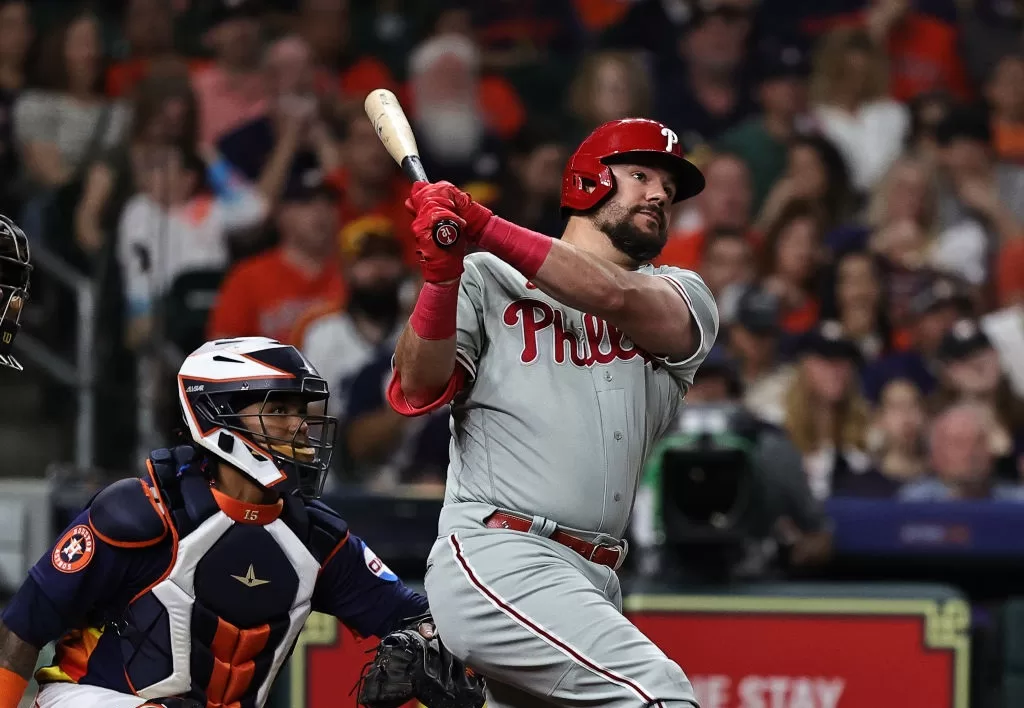 HOUSTON, TEXAS - APRIL 28: Kyle Schwarber #12 of the Philadelphia Phillies hits a home run in the first inning against the Houston Astros at Minute Maid Park on April 28, 2023 in Houston, Texas.