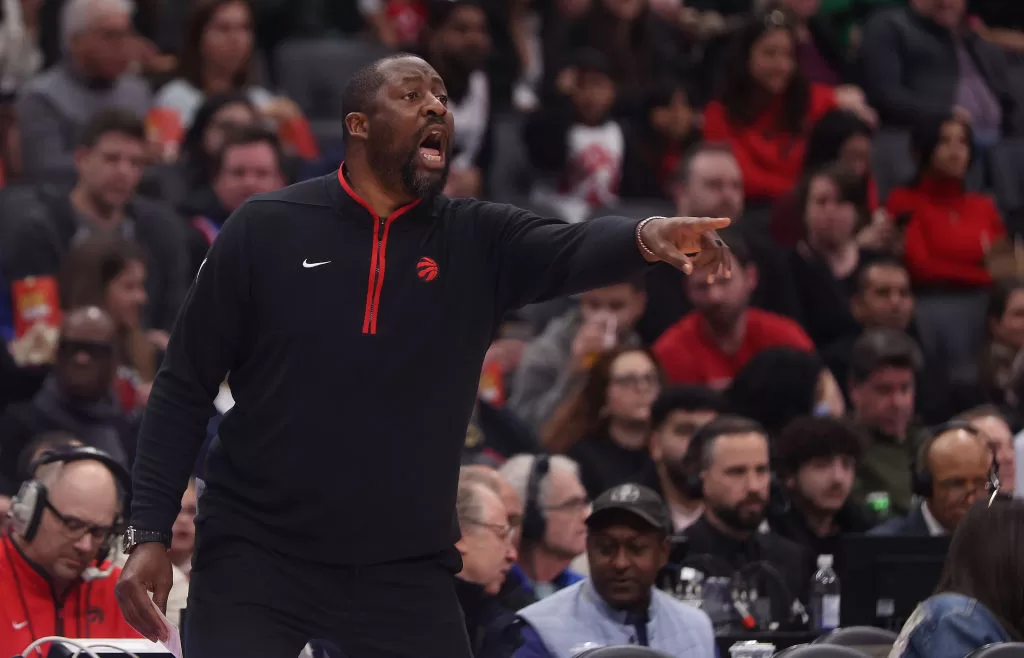 TORONTO, ON- FEBRUARY 12 - Adrian Griffin takes over the bench for Nick Nurse who is out for the game as the Toronto Raptors play the Detroit Pistons at Scotiabank Arena in Toronto. February 12, 2023.