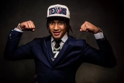 KANSAS CITY, MO - APRIL 27: CJ Stroud poses after being selected second overall pick by the Houston Texans during the first round of the 2023 NFL Draft at Union Station on April 27, 2023 in Kansas City, Missouri.