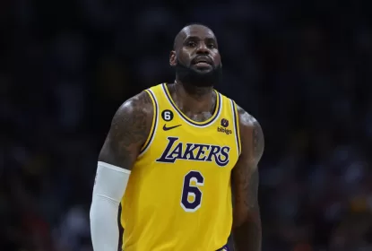DENVER, COLORADO - MAY 18: LeBron James #6 of the Los Angeles Lakers reacts after losing to the Denver Nuggets in game two of the Western Conference Finals at Ball Arena on May 18, 2023 in Denver, Colorado.