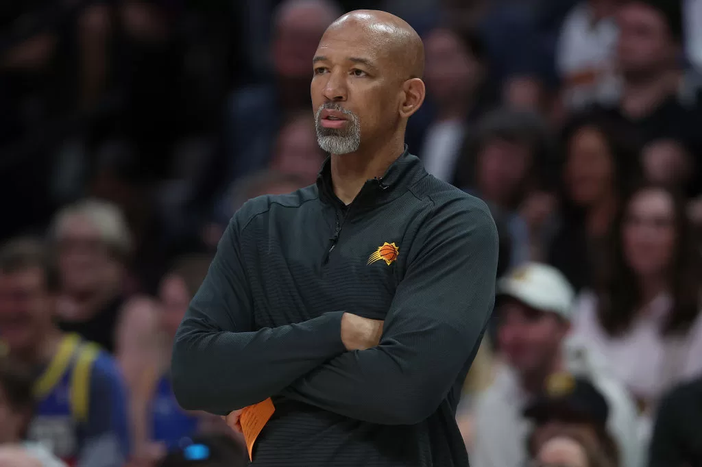 DENVER, COLORADO - MAY 09: Head coach Monty Williams of the Phoenix Suns watches as his team plays the Denver Nuggets in the first quarter during Game Five of the NBA Western Conference Semifinals at Ball Arena on May 09, 2023 in Denver, Colorado.