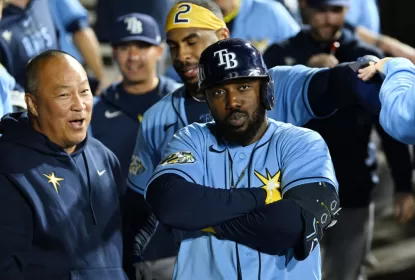 CHICAGO, ILLINOIS - APRIL 29: Randy Arozarena #56 of the Tampa Bay Rays reacts in the dugout with teammates after this three run home run in the seventh inning against the Chicago White Sox at Guaranteed Rate Field on April 29, 2023 in Chicago, Illinois.