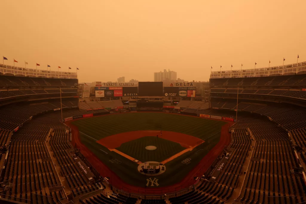 NEW YORK, NY - JUNE 7: A general view of hazy conditions resulting from Canadian wildfires at Yankee Stadium before the game between the Chicago White Sox and the New York Yankees on June 7, 2023, in New York, New York
