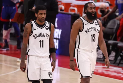DETROIT, MICHIGAN - FEBRUARY 09: Kyrie Irving #11 and James Harden #13 of the Brooklyn Nets while playing the Detroit Pistons at Little Caesars Arena on February 09, 2021 in Detroit, Michigan.