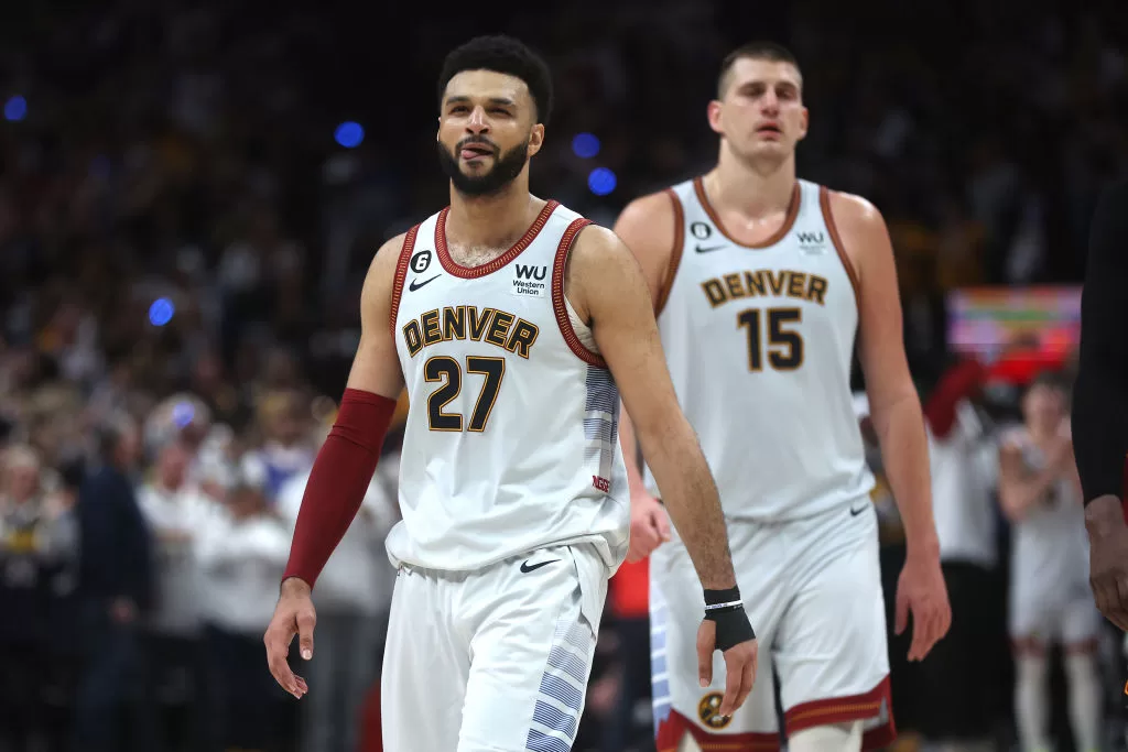 DENVER, COLORADO - JUNE 12: Jamal Murray #27 of the Denver Nuggets reacts during the fourth quarter against the Miami Heat in Game Five of the 2023 NBA Finals at Ball Arena on June 12, 2023 in Denver, Colorado.