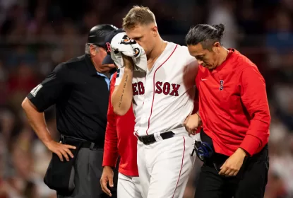 BOSTON, MA - JUNE 16: Tanner Houck #89 of the Boston Red Sox exits the game after being hit in the face with a line drive during the fifth inning against the New York Yankees at Fenway Park on June 16, 2023 in Boston, Massachusetts.