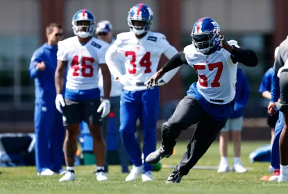 EAST RUTHERFORD, NEW JERSEY - MAY 25: Linebacker Jarrad Davis #57 runs a drill during the teams OTAs at Quest Diagnostics Center on May 25, 2023 in East Rutherford, New Jersey