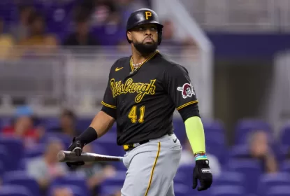 MIAMI, FLORIDA - JUNE 22: Carlos Santana #41 of the Pittsburgh Pirates at bat against the Miami Marlins during the first inning at loanDepot park on June 22, 2023 in Miami, Florida