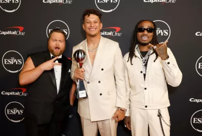 HOLLYWOOD, CALIFORNIA - JULY 12: (L-R) Paul Walter Hauser, Patrick Mahomes, winner of Best Athlete, Men's Sports, and Quavo attend The 2023 ESPY Awards at Dolby Theatre on July 12, 2023 in Hollywood, California.