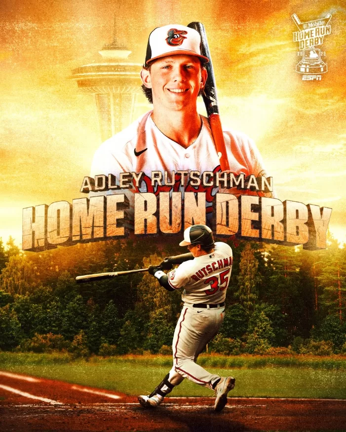 Arte postada no twitter do Baltimore Orioles anunciando que Adley Rutschman vai participar do HR Derby de 2023