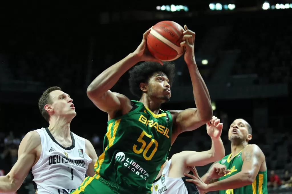 SPLIT, CROATIA - JULY 04: Bruno Caboclo of Brazil shoots during the 2020 FIBA Men's Olympic Qualifying Tournament final between Germany and Brazil at Spaladium Arena on July 4, 2021 in Split, Croatia.
