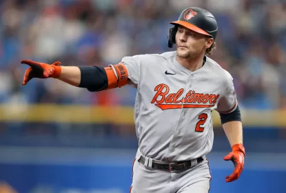 ST. PETERSBURG, FL - July 23: Baltimore Orioles Infielder Gunnar Henderson (2) points to the cheering fans as he rounds the bases after hitting a home run during the MLB regular season game between the Baltimore Orioles and the Tampa Bay Rays on July 23, 2023, at Tropicana Field in St. Petersburg, FL